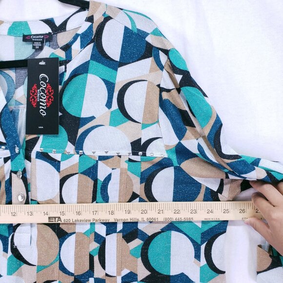 Cocomo Woman Pintuck Blouse Size 3X Multicolor Geometric Stretch Formal Preppy - Picture 4 of 15